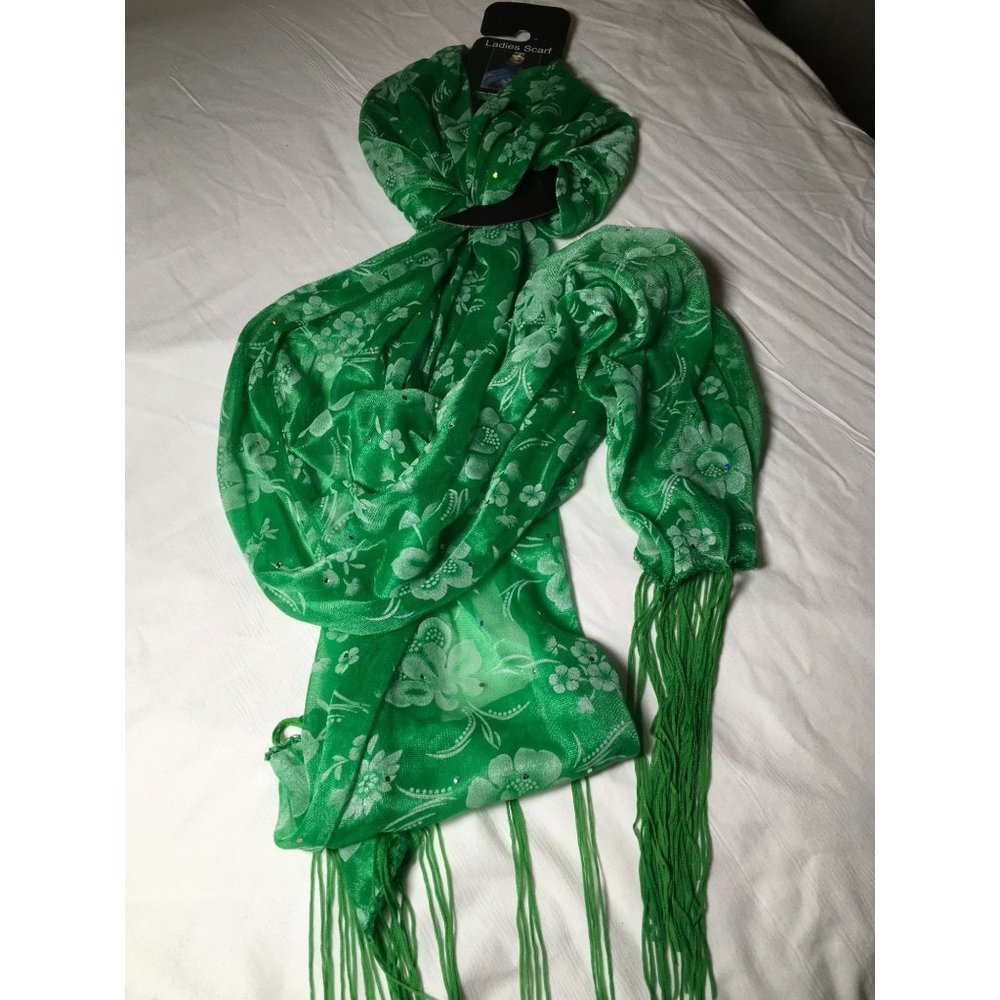 Jade Green Floral Brand New Designer Women's Scarf with Tassels